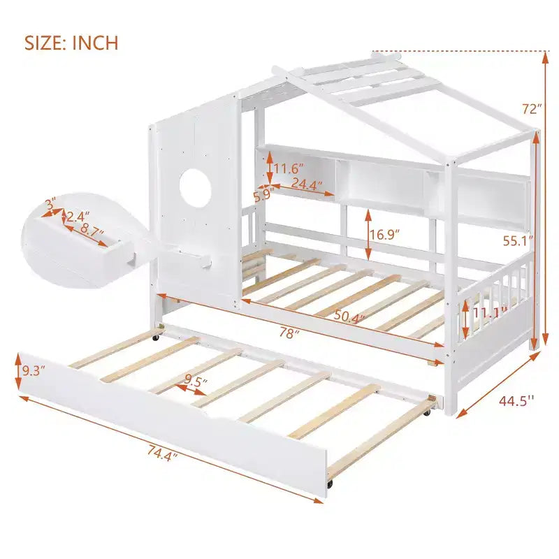 Lit cabane en bois, taille double/pleine, avec lit gigogne et étagère de rangement pour enfants, 4Q - ModernLuxe