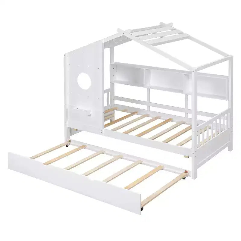 Lit cabane en bois, taille double/pleine, avec lit gigogne et étagère de rangement pour enfants, 4Q - ModernLuxe