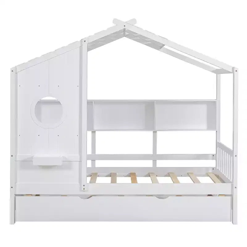 Lit cabane en bois, taille double/pleine, avec lit gigogne et étagère de rangement pour enfants, 4Q - ModernLuxe
