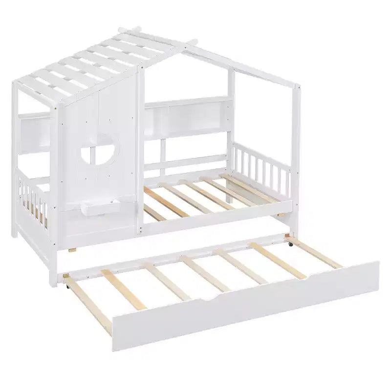 Lit cabane en bois, taille double/pleine, avec lit gigogne et étagère de rangement pour enfants, 4Q - ModernLuxe