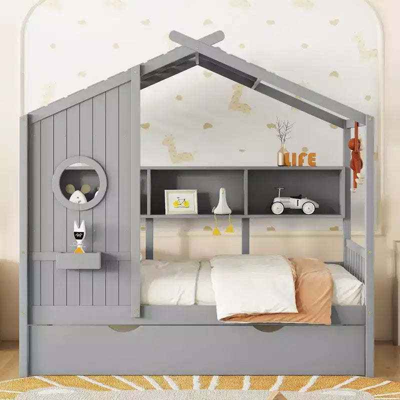 Lit cabane en bois, taille double/pleine, avec lit gigogne et étagère de rangement pour enfants, 4Q - ModernLuxe