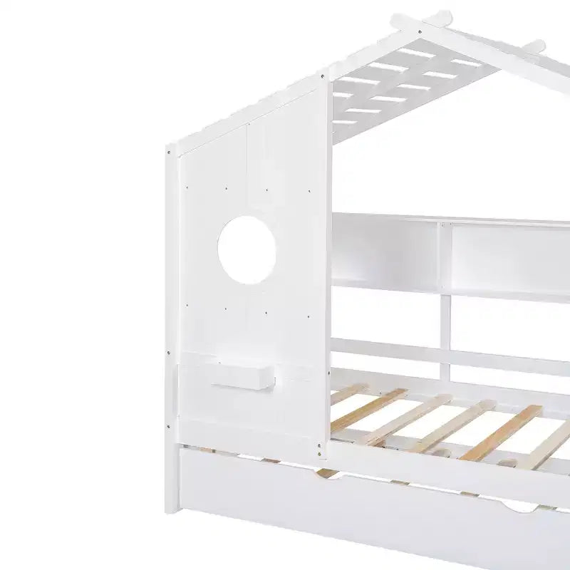 Lit cabane en bois, taille double/pleine, avec lit gigogne et étagère de rangement pour enfants, 4Q - ModernLuxe