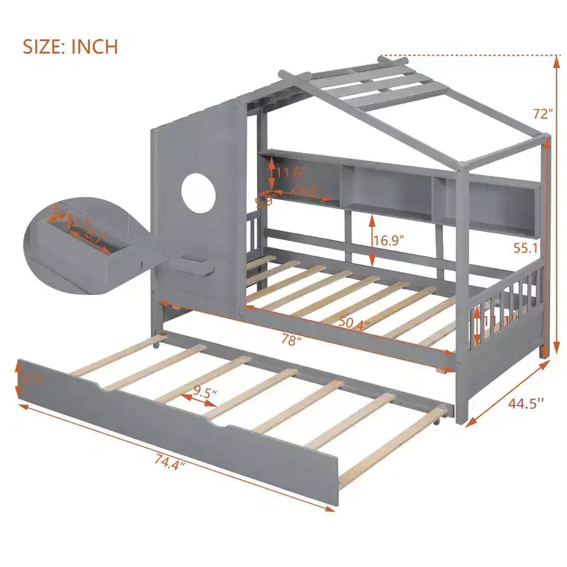 Lit cabane en bois, taille double/pleine, avec lit gigogne et étagère de rangement pour enfants, 4Q - ModernLuxe