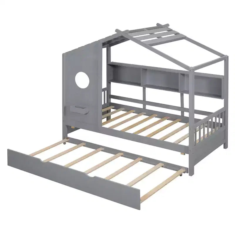 Lit cabane en bois, taille double/pleine, avec lit gigogne et étagère de rangement pour enfants, 4Q - ModernLuxe