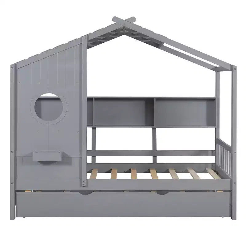Lit cabane en bois, taille double/pleine, avec lit gigogne et étagère de rangement pour enfants, 4Q - ModernLuxe