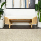 Banc ovale fait main en rotin avec coussin en tissu blanc - Marron - Roche River Decor - 18Px49Lx17H