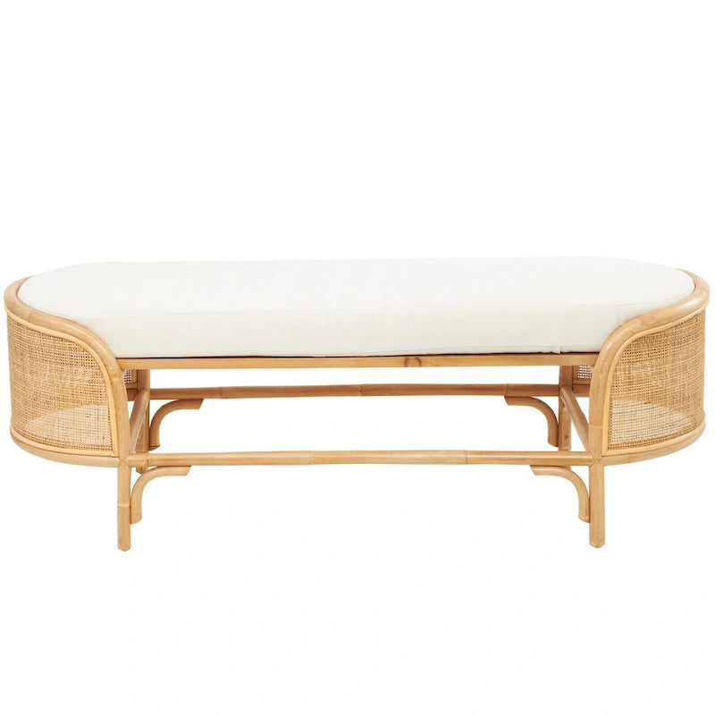 Banc ovale fait main en rotin avec coussin en tissu blanc - Marron - Roche River Decor - 18Px49Lx17H