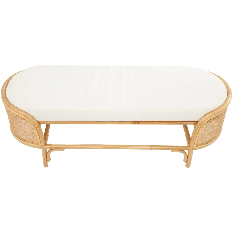 Banc ovale fait main en rotin avec coussin en tissu blanc - Marron - Roche River Decor - 18Px49Lx17H