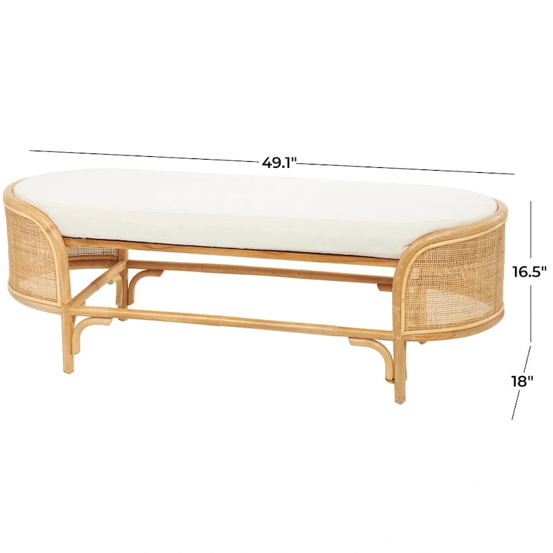 Banc ovale fait main en rotin avec coussin en tissu blanc - Marron - Roche River Decor - 18Px49Lx17H