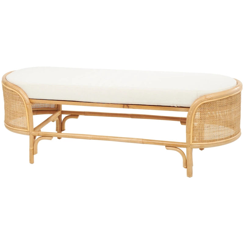 Banc ovale fait main en rotin avec coussin en tissu blanc - Marron - Roche River Decor - 18Px49Lx17H