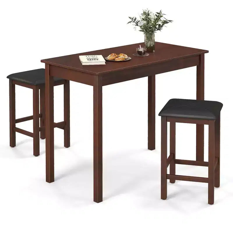 Costway Ensemble de table de bar 3 pièces Table à manger et 2 tabourets de bar en cuir PVC Marron rustique/Blanc