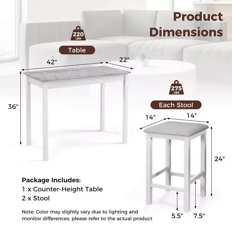 Costway Ensemble de table de bar 3 pièces Table à manger et 2 tabourets de bar en cuir PVC Marron rustique/Blanc