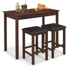 Costway 3 PCS Bar Table Set Dining Table & 2 PVC Leather Upholstered Bar Stools Rustic Brown/White