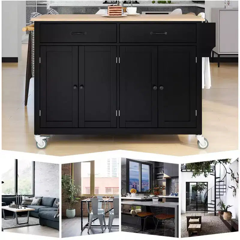 Îlot de cuisine mobile, Chariot de cuisine roulant avec 2 tiroirs, Meuble 4 portes, Îlot de cuisine sur roulettes pour cuisine d'hôtel ou salle à manger