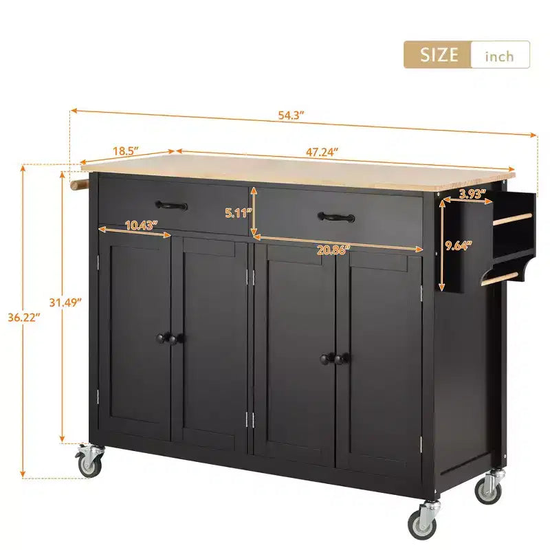 Îlot de cuisine mobile, Chariot de cuisine roulant avec 2 tiroirs, Meuble 4 portes, Îlot de cuisine sur roulettes pour cuisine d'hôtel ou salle à manger
