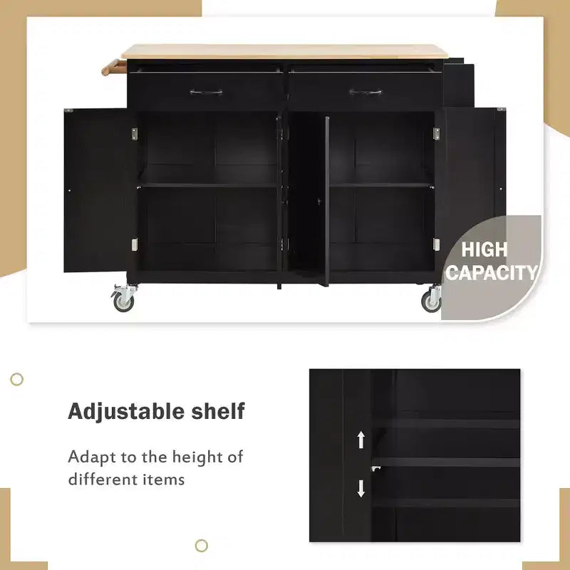 Îlot de cuisine mobile, Chariot de cuisine roulant avec 2 tiroirs, Meuble 4 portes, Îlot de cuisine sur roulettes pour cuisine d'hôtel ou salle à manger