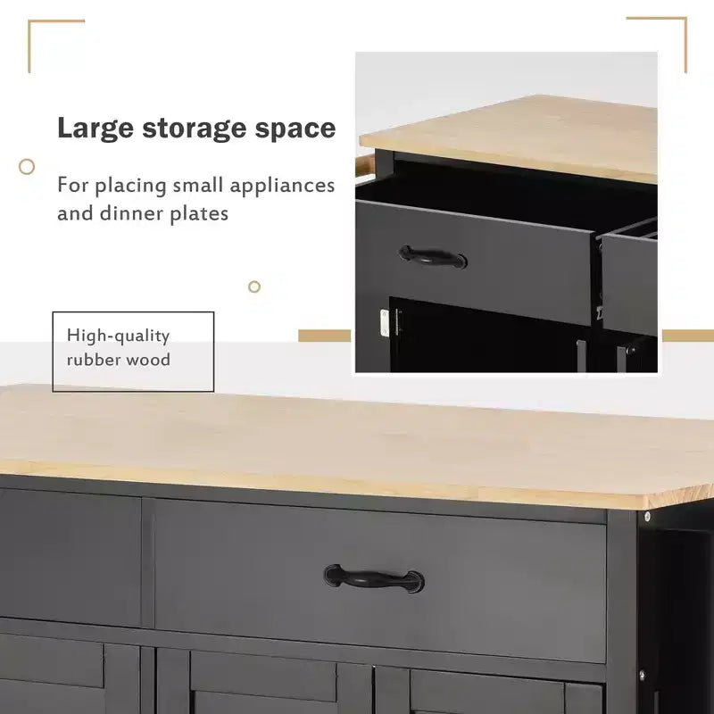 Îlot de cuisine mobile, Chariot de cuisine roulant avec 2 tiroirs, Meuble 4 portes, Îlot de cuisine sur roulettes pour cuisine d'hôtel ou salle à manger