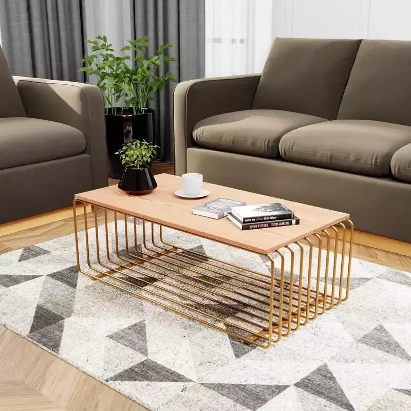Table basse rectangulaire moderne LeisureMod Walden – Plateau en placage de bois avec piètement architectural en acier à nervures