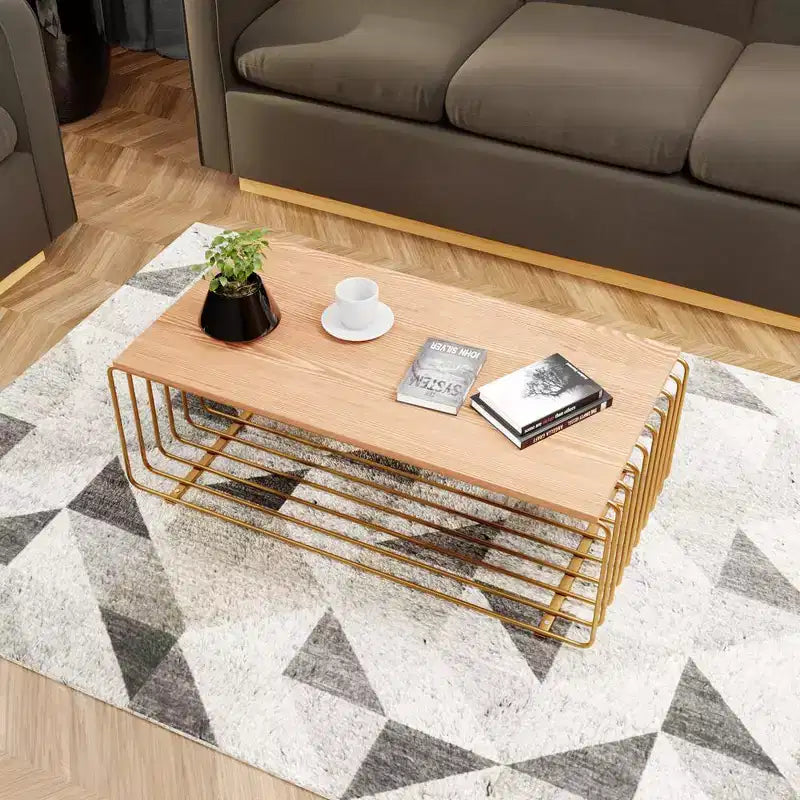 Table basse rectangulaire moderne LeisureMod Walden – Plateau en placage de bois avec piètement architectural en acier à nervures