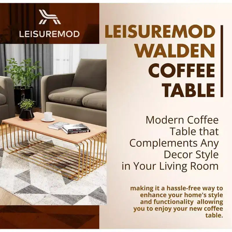 Table basse rectangulaire moderne LeisureMod Walden – Plateau en placage de bois avec piètement architectural en acier à nervures