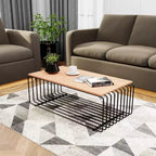 Table basse rectangulaire moderne LeisureMod Walden – Plateau en placage de bois avec piètement architectural en acier à nervures