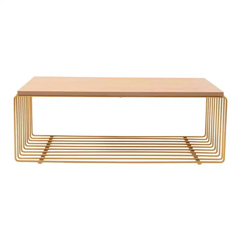 Table basse rectangulaire moderne LeisureMod Walden – Plateau en placage de bois avec piètement architectural en acier à nervures