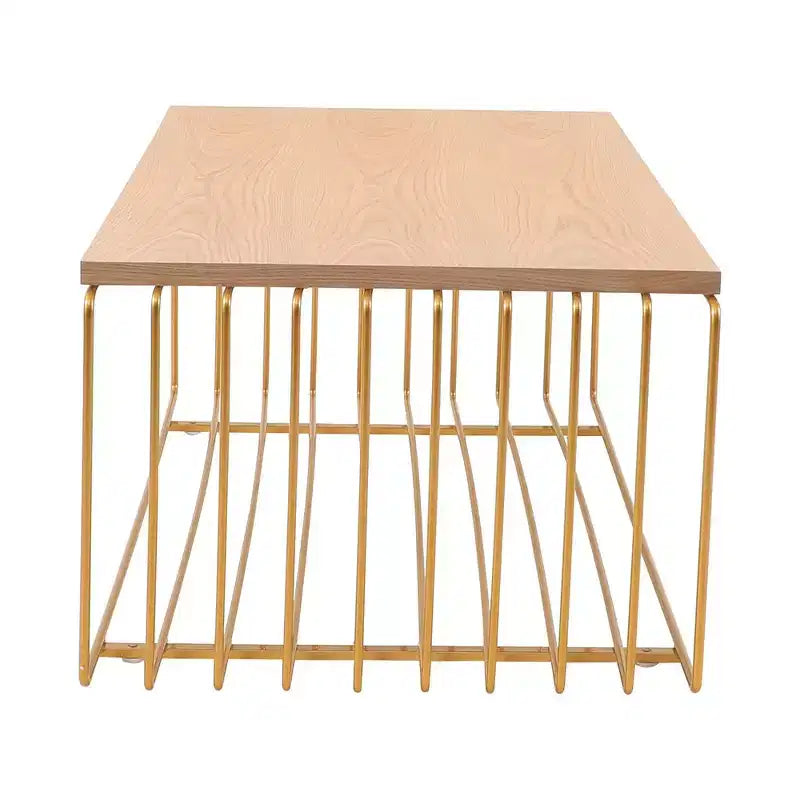 Table basse rectangulaire moderne LeisureMod Walden – Plateau en placage de bois avec piètement architectural en acier à nervures