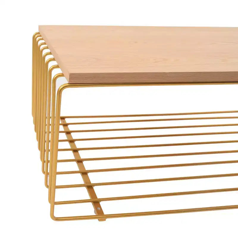Table basse rectangulaire moderne LeisureMod Walden – Plateau en placage de bois avec piètement architectural en acier à nervures