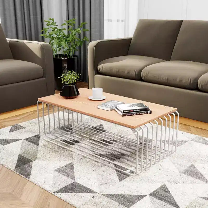 Table basse rectangulaire moderne LeisureMod Walden – Plateau en placage de bois avec piètement architectural en acier à nervures