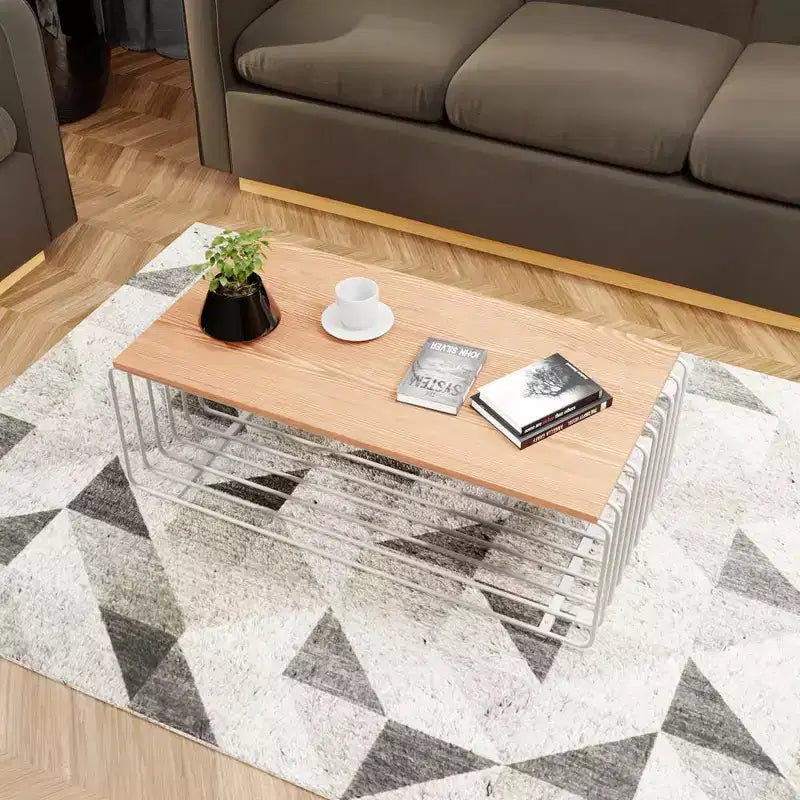 Table basse rectangulaire moderne LeisureMod Walden – Plateau en placage de bois avec piètement architectural en acier à nervures