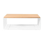 Table basse rectangulaire moderne LeisureMod Walden – Plateau en placage de bois avec piètement architectural en acier à nervures