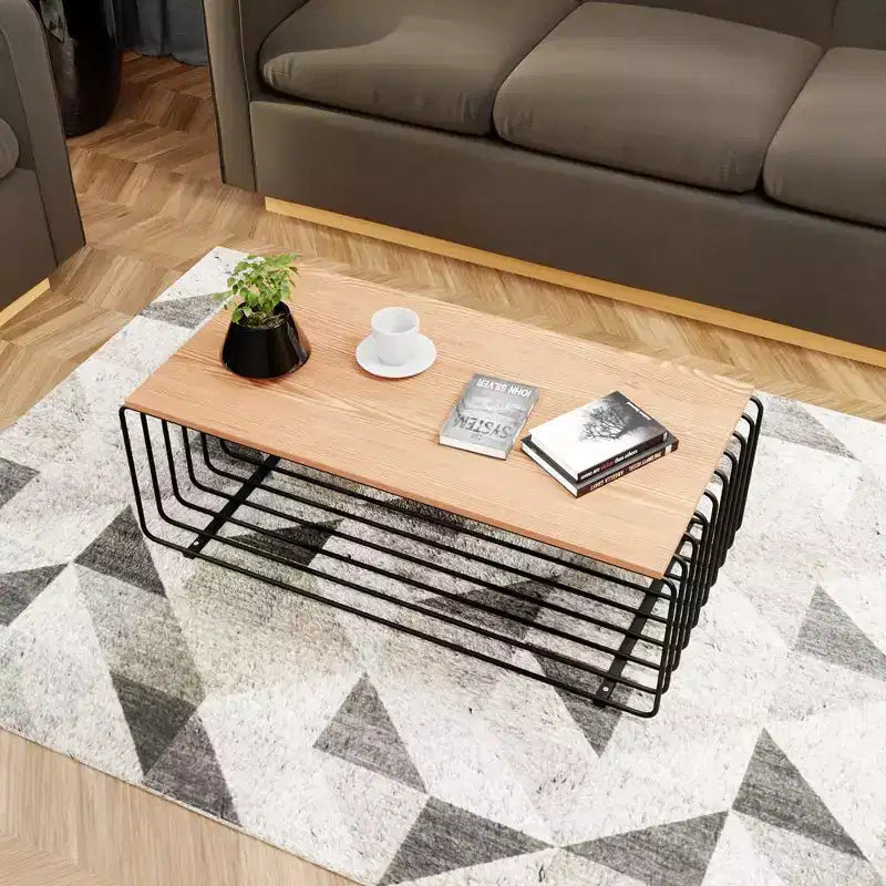 Table basse rectangulaire moderne LeisureMod Walden – Plateau en placage de bois avec piètement architectural en acier à nervures