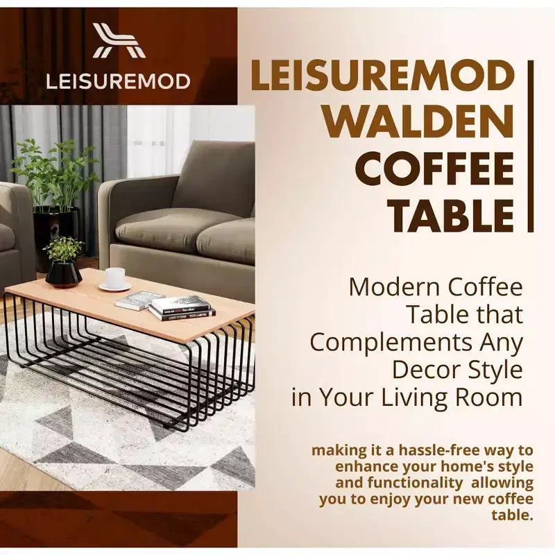 Table basse rectangulaire moderne LeisureMod Walden – Plateau en placage de bois avec piètement architectural en acier à nervures