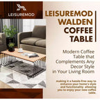 Table basse rectangulaire moderne LeisureMod Walden – Plateau en placage de bois avec piètement architectural en acier à nervures