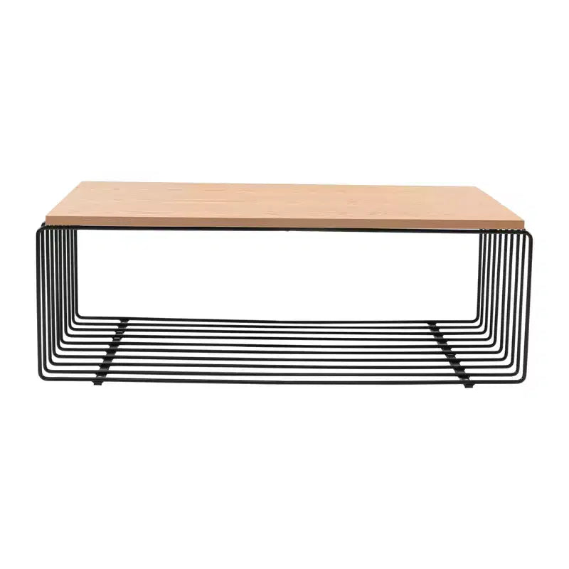 Table basse rectangulaire moderne LeisureMod Walden – Plateau en placage de bois avec piètement architectural en acier à nervures