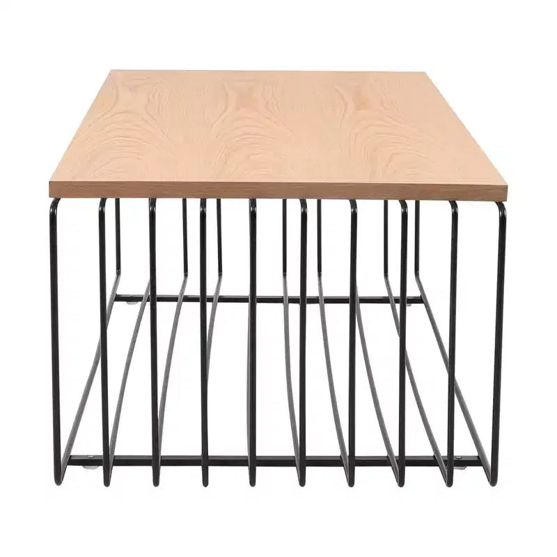 Table basse rectangulaire moderne LeisureMod Walden – Plateau en placage de bois avec piètement architectural en acier à nervures