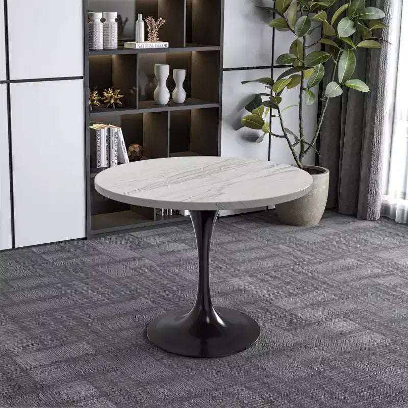 Table de salle à manger ronde LeisureMod Verve 36 - Plateau en résine moderne avec base piédestal en acier noir, table d'appoint pour salle à manger et cuisine contemporaines