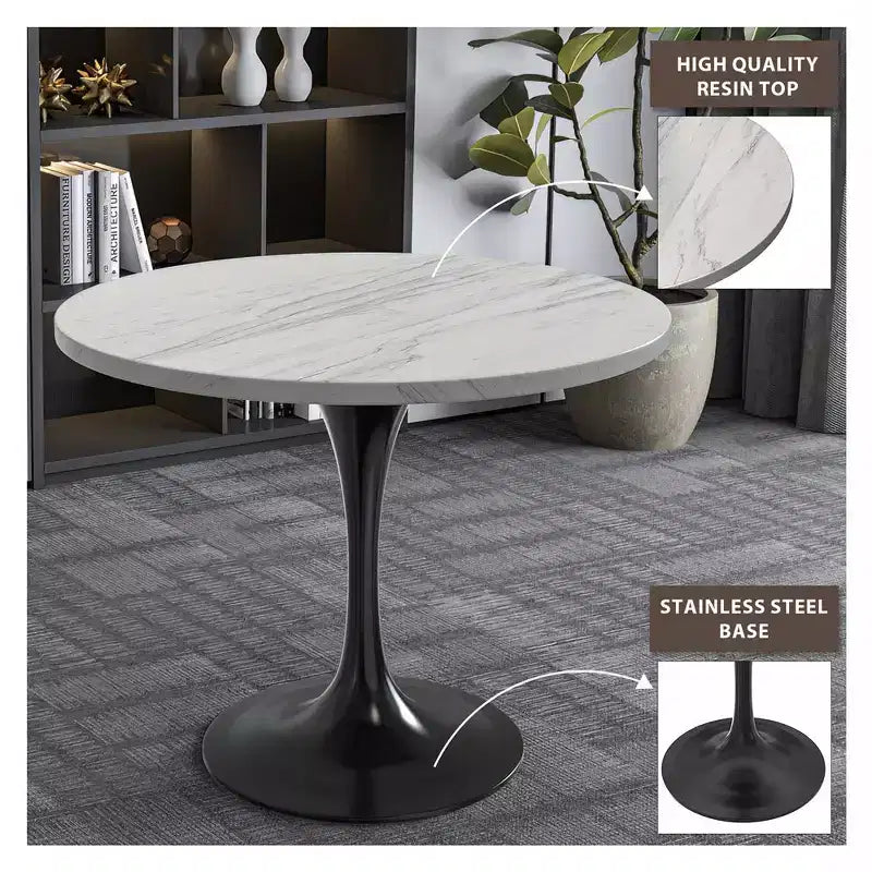 Table de salle à manger ronde LeisureMod Verve 36 - Plateau en résine moderne avec base piédestal en acier noir, table d'appoint pour salle à manger et cuisine contemporaines