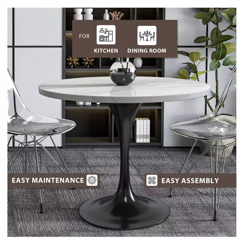 Table de salle à manger ronde LeisureMod Verve 36 - Plateau en résine moderne avec base piédestal en acier noir, table d'appoint pour salle à manger et cuisine contemporaines