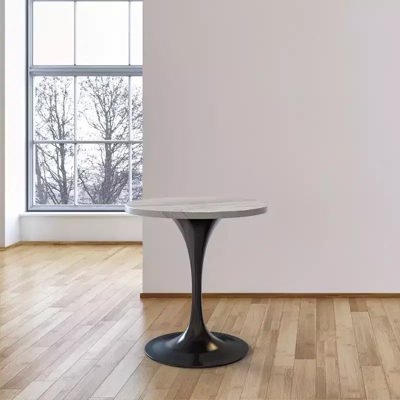 Table de salle à manger ronde LeisureMod Verve 36 - Plateau en résine moderne avec base piédestal en acier noir, table d'appoint pour salle à manger et cuisine contemporaines