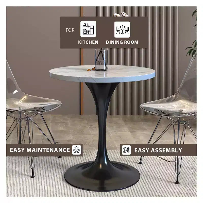 Table de salle à manger ronde LeisureMod Verve 36 - Plateau en résine moderne avec base piédestal en acier noir, table d'appoint pour salle à manger et cuisine contemporaines