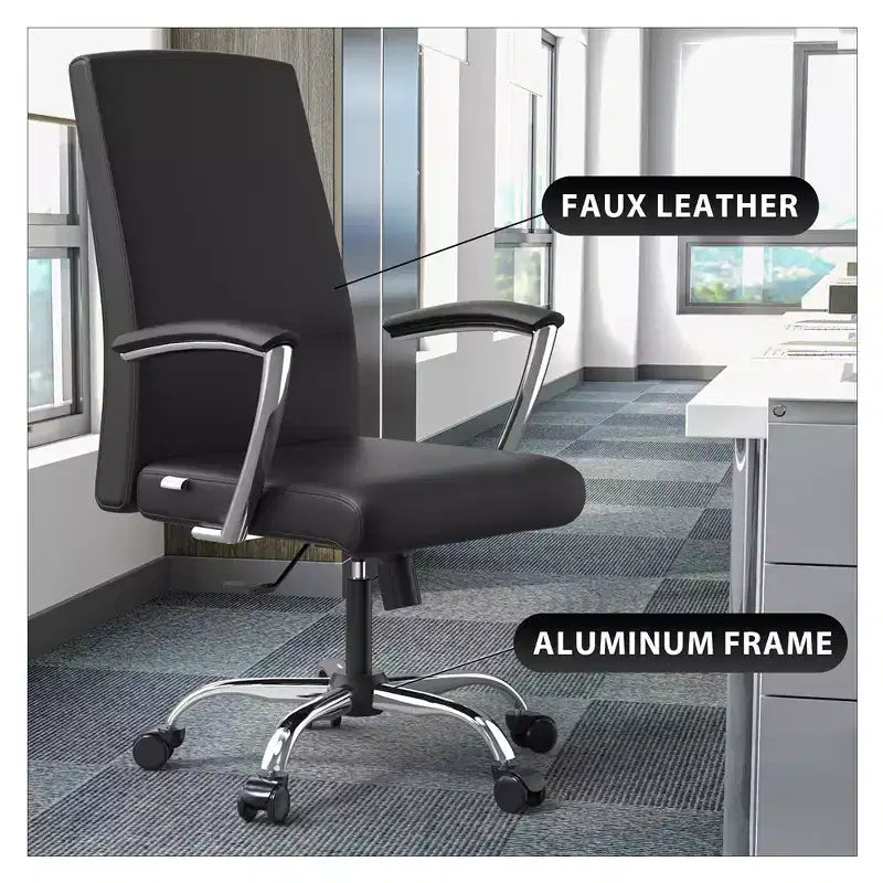 Chaise de bureau haute à dossier réglable LeisureMod Evander Rembourrage en cuir avec pivot, inclinaison et base chromée, chaise de bureau ergonomique pour bureau à domicile