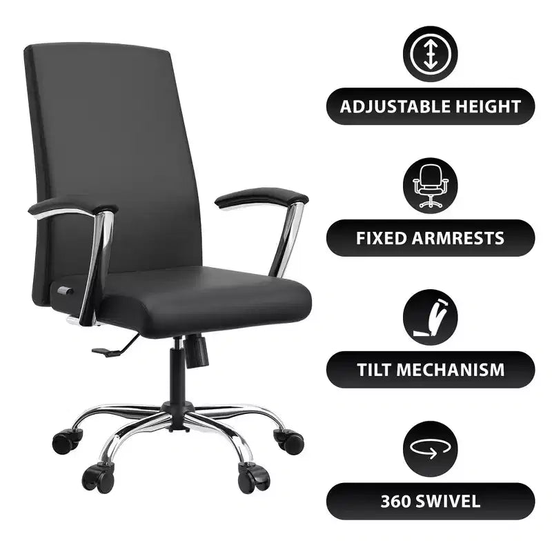 Chaise de bureau haute à dossier réglable LeisureMod Evander Rembourrage en cuir avec pivot, inclinaison et base chromée, chaise de bureau ergonomique pour bureau à domicile