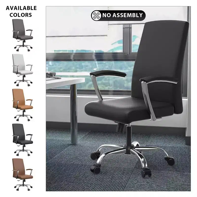 Chaise de bureau haute à dossier réglable LeisureMod Evander Rembourrage en cuir avec pivot, inclinaison et base chromée, chaise de bureau ergonomique pour bureau à domicile