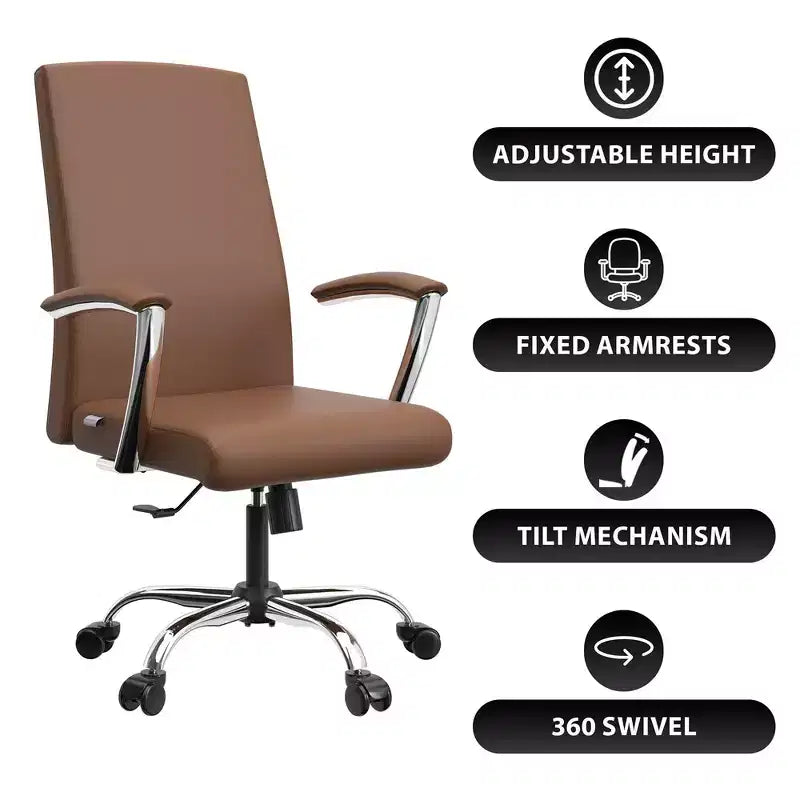 Chaise de bureau haute à dossier réglable LeisureMod Evander Rembourrage en cuir avec pivot, inclinaison et base chromée, chaise de bureau ergonomique pour bureau à domicile