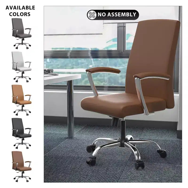 Chaise de bureau haute à dossier réglable LeisureMod Evander Rembourrage en cuir avec pivot, inclinaison et base chromée, chaise de bureau ergonomique pour bureau à domicile