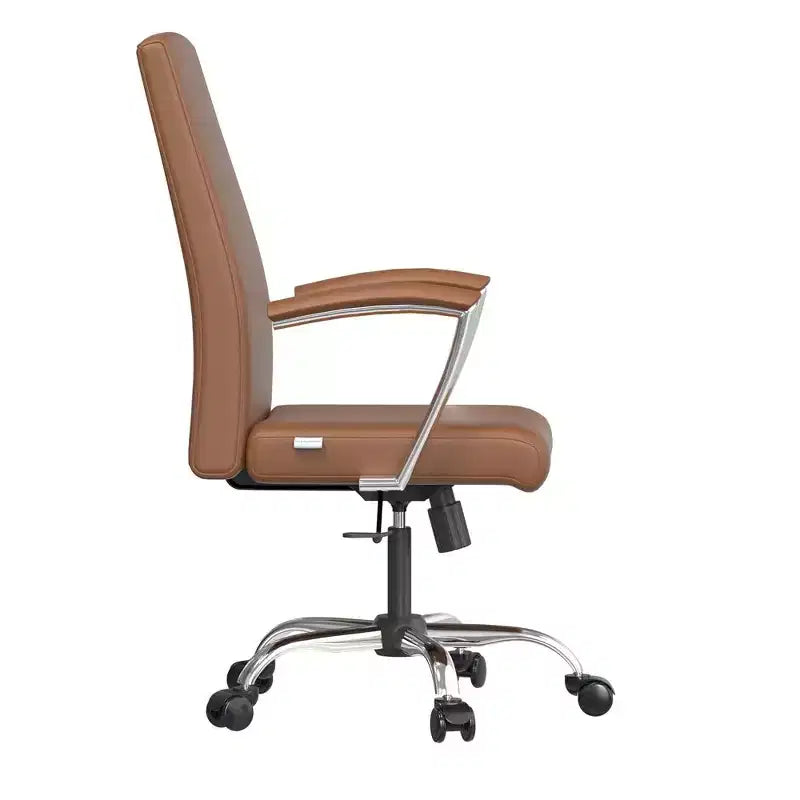 Chaise de bureau haute à dossier réglable LeisureMod Evander Rembourrage en cuir avec pivot, inclinaison et base chromée, chaise de bureau ergonomique pour bureau à domicile