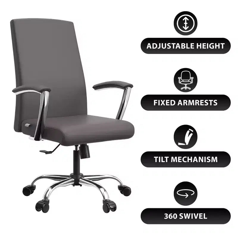 Chaise de bureau haute à dossier réglable LeisureMod Evander Rembourrage en cuir avec pivot, inclinaison et base chromée, chaise de bureau ergonomique pour bureau à domicile