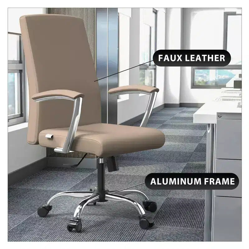 Chaise de bureau haute à dossier réglable LeisureMod Evander Rembourrage en cuir avec pivot, inclinaison et base chromée, chaise de bureau ergonomique pour bureau à domicile