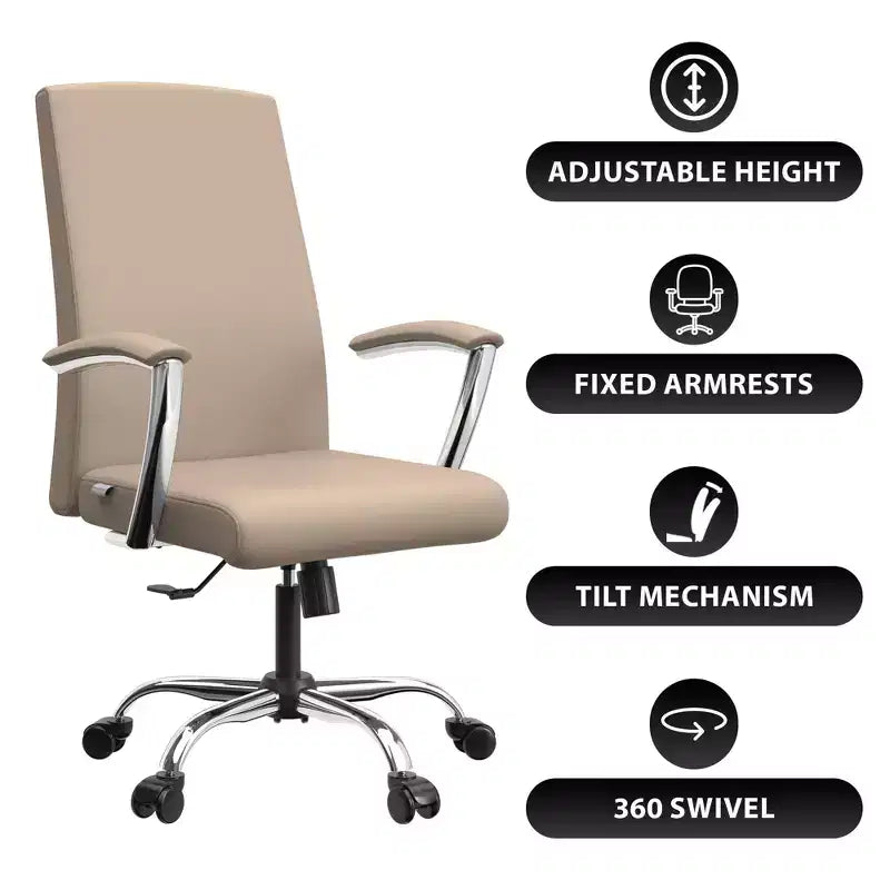 Chaise de bureau haute à dossier réglable LeisureMod Evander Rembourrage en cuir avec pivot, inclinaison et base chromée, chaise de bureau ergonomique pour bureau à domicile
